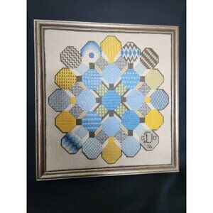 VTG 70s Wood Frame Handmade Needlepoint Sampler Geometric Yellow Blue Artwork